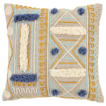 Decorative Throw Pillow w/ Boho Pattern and Pompoms