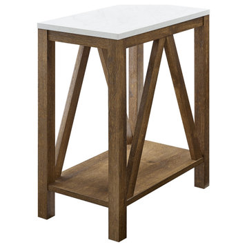 Narrow A Frame Side Table, Faux White Marble/Natural Walnut