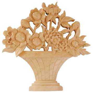 Hand Carved Wood Flower Basket Plaque, Basswood