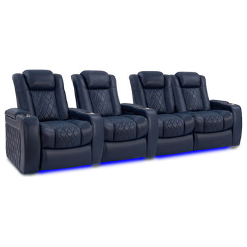 Tuscany Leather Home Theater Seating, Navy Blue, Row of 4 Loveseat Right
