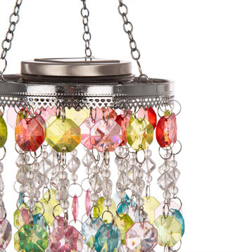18.75" Solar Lighted Hanging Chandelier With Acrylic Multicolored Jewel Beads