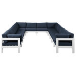 Meridian Furniture - Nizuc Water Resistant Patio U-Shaped Modular Sectional, Navy, 12-Piece: 8 Armless Chair, 4 Corner Chair, White Aluminum Frame - Pick and choose your favorites from the Nizuc collection to create a modular seating group the whole gang will enjoy. The sturdy aluminum frame provides dependable support for friends and family as they relax and unwind, and the resilient navy water resistant fabric stands up to the elements without losing its beautiful demeanor, so you can count on it lasting for the long haul. Latches beneath these seating pieces help you easily attach them to one another for convenient setup.
