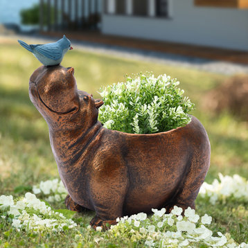 Brown Hippo and Blue Bird MgO Flower Pot Planter