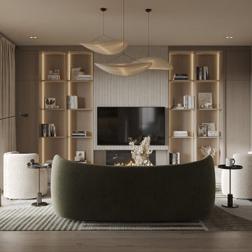 Lower Level Recreation Room with Fireplace and Lit Shelving, Bellevue WA