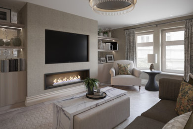 Design ideas for a large contemporary formal enclosed living room in Other with beige walls, light hardwood flooring, a standard fireplace, a metal fireplace surround, a wall mounted tv, beige floors, wallpapered walls and a chimney breast.
