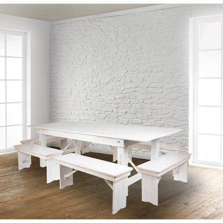 HERCULES Series 8' x 40 Antique Rustic White Folding Farm Table and Six...