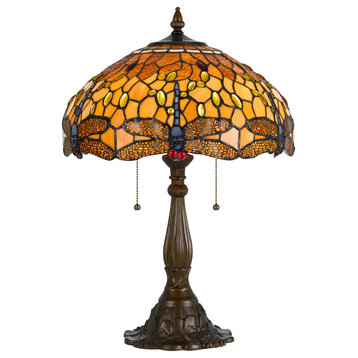 Benzara BM223636 2 Bulb Tiffany Table Lamp Dragonfly Design Shade, Multicolor