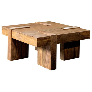 Bowery Hill Farmhouse Wood Coffee Table with Square Block Design in Natural