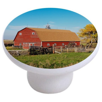 Red Barn With Fence Ceramic Cabinet Drawer Knob