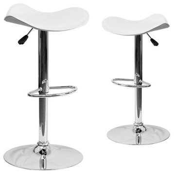 Contemporary White Vinyl Adjustable Height Barstools With Chrome Base, Set of 2