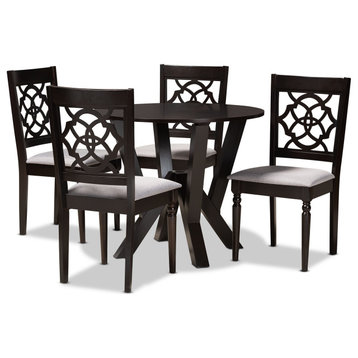 5 Pieces Dining Set, Rounded Table & Gray Upholstered Chairs With Turned Legs