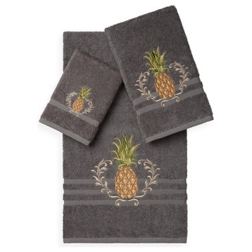 Linum Home Textiles Welcome 3-Piece Embellished Towel Set, Dark Gray