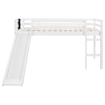 Gewnee Wood Twin Loft Bed with Slide, Stair and Chalkboard in White