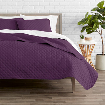 Bare Home Diamond Stitched Coverlet Set, Plum, Full/Queen