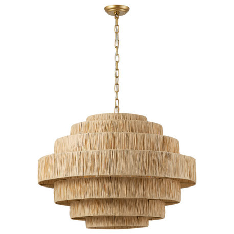 Multi Tiers 5-Light Kitchen Island Pendant Light With Paper Woven Shade