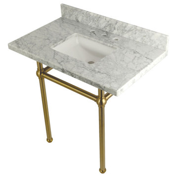 36X22 Marble Vanity Top w/Brass Console Legs, Carrara Marble/Brushed Brass
