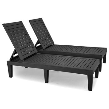 2 Pack Patio Chaise Lounge, Resin Construction & Adjustable Slatted Seat, Black