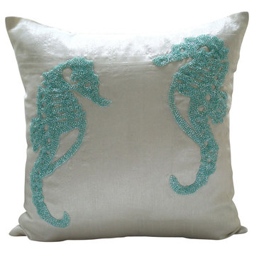 Beaded Sea Horse White Pillow Shams, Art Silk 24x24 Pillow Sham, Sea Horse Aqua