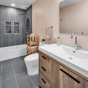 Sleek Modern Bathroom Remodel with Sahara Grey Tile & Quartz Vanity