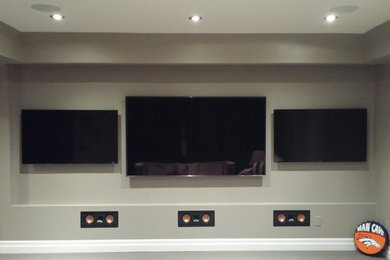 This is an example of a mid-sized transitional home theatre in Toronto.