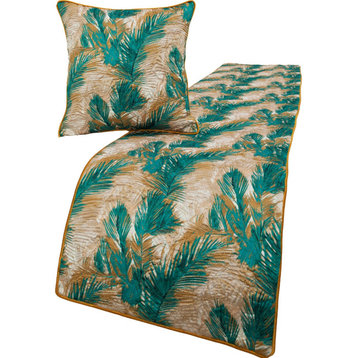 Green Satin Twin 53"x18" Bed Runner and Pillow Cover, Plam Leaves Palms