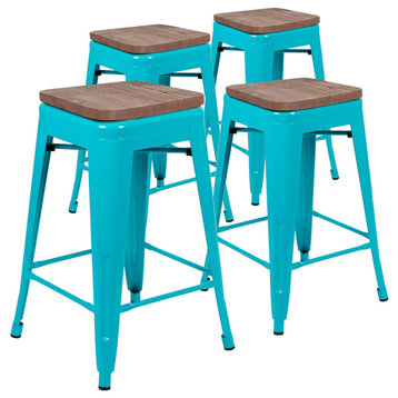 24" Counter-Height Indoor Metal Bar Stool w/Wood Seat - Stackable Set of 4, Teal
