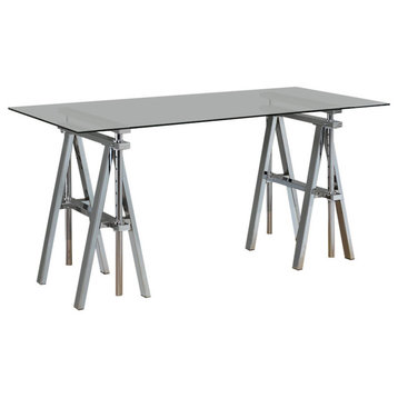 Benzara BM159103 Adjustable Writing Desk with Sawhorse Legs, Clear & Silver