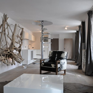 Diseño de salón para visitas abierto, actual, grande, sin chimenea y televisor, con paredes blancas y suelo de madera clara