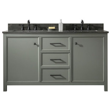 60" Blue Finish Double Sink Vanity Cabinet, Carrara White Top, Pewter Green