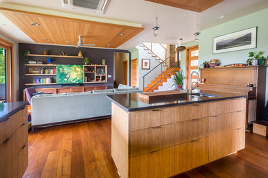 Inspiration for a mid-sized modern medium tone wood floor and brown floor kitchen remodel in Other