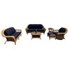 Catalina 6 Piece Outdoor Wicker Sofa Set, Straw Wicker, Navy Cushions