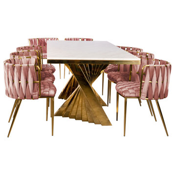 Waterfall Rectangle Marble Top Dining Table With 8 Chairs, Rose
