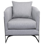 Dwellist - Natalya Accent Chair With Black Iron Finish Gray Fabric - The Dwellist Natalya contemporary accent chair is a truly beautiful addition to the modern household. Featuring a unique rounded sled leg design, the Natalya is the perfect chair for enhancing the aesthetic appeal of any living room. The Natalya's legs are made of durable black finishiron and complemented brilliantly by the plush fabric upholstered seat and back. The Natalya's bucket design and comfortable seat cushion provide an exceptional degree of comfort while the added throw pillow further complements the elegant design of this contemporary accent chair. The Natalya is available in your choice of beige or grey.
