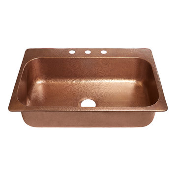 Angelico 33" Drop-in Copper Single Bowl Kitchen Sink, 3 Holes