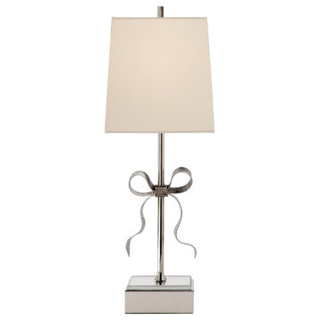 Ellery Gros-Grain Bow Table Lamp in Polished Nickel and Mirror with Cream Linen
