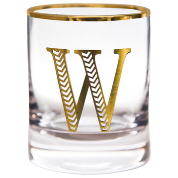 Monogram Gold 11 oz. Set of 4 Whiskey Glasses, "W"