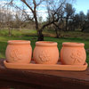 Terracotta Clay Small Round Embossed Earthenware Planters and Tray, Set of 3