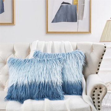 Mongolian Tie Dyed Faux Fur Pillow Cover 2 Piece Set, Blue