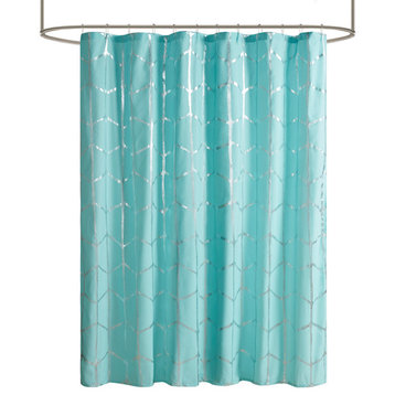 Intelligent Design Raina Printed Metallic Shower Curtain, Aqua/Silver