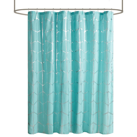 Intelligent Design Raina Printed Metallic Shower Curtain, Aqua/Silver