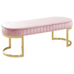 Meridian Furniture - Lemar Velvet Upholstered Bench, Pink - Rest your bones on this beautiful Lemar pink velvet bench. The amply sized top gives you room aplenty for sitting while you put on your shoes or get ready for the day. The gold tone base with geometrically curved legs adds to the posh look of this handsome bench, and the plush top of the bench is thickly padded and covered in rich pink velvet for an exquisite and luxurious feel against the skin. The tufted sides add a sumptuous look to this pink velvet bench, adding to its upscale presentation in your bedroom or elsewhere.
