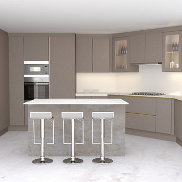 U-shaped Handleless Kitchen Set With Corian Worktop in Beige | Inspired Elements