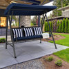 CorLiving Flora 3-Seat Metal Frame Patio Swing w Canopy and Striped Pillows, Nav
