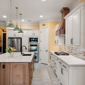 Kitchen Center Island Leather Barstools Stainless Steel Appliances Copper Hood