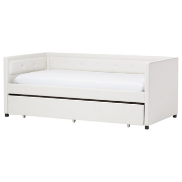 Frank Faux Leather Button-Tufting Sofa Twin Daybed With Trundle Bed, White