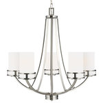 Generation Lighting - Generation Lighting 3121605 Robie 5 Light 24"W Chandelier - Brushed Nickel - Features: Constructed from steel Includes etched glass shades Sloped ceiling compatible Requires (5) 75 watt maximum Medium (E26) bulbs Dimmable with compatible dimming bulbs Includes 36" adjustable chain Made in China ETL listed for installation in damp locations Meets California Title 24 energy standards Dimensions: Height: 23-3/8" Maximum Height: 61-7/8" Width: 24-1/8" Product Weight: 10.12lbs Chain Length: 36" Wire Length: 72" Shade Height: 6-1/8" Shade Width: 3-1/2" Canopy Height: 7/8" Canopy Width: 5" Electrical Specifications: Max Wattage: 375 watts Number of Bulbs: 5 Max Watts Per Bulb: 75 watts Bulb Base: Medium (E26) Voltage: 120 Bulbs Included: No