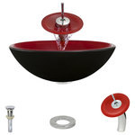 MR Direct - 606 Vessel Sink, Chrome, Waterfall Faucet - This 3/4" thick, tempered-glass vessel is circular with a striking, solid-red interior fused against a deep black exterior. Its non-porous surface is extremely attractive and sanitary - naturally resistant to stains, odors, discoloration, and heat damage. With an overall measurement of 16 1/2" x 16 1/2" x 5 3/4", it will require a minimum-width cabinet of 18". The waterfall faucet features fully-tested, superior-quality, solid-brass components. The disc which circles the spout is made of beautiful, clear glass. While several MR Direct vessel-style faucets may nicely complement this bowl, the waterfall design is simply stunning. This tall metal fixture gracefully bends over the basin with a slender, joystick-style toggle at the top for control of water flow and temperature. Around the neck of the shaft is a seven-inch diameter disc over which water cascades from the tall spout and into the distinctive basin. The shaft features an attractive chrome finish. The included sink ring stabilizes the curved bowl above the counter and coordinates with the chrome finish of the other fixture's. Additionally, a spring-loaded, vessel pop-up drain (vpud) is included, which opens and closes with a simple press to its attractive chrome cap.