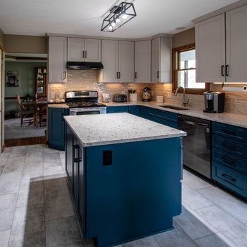 Two Tone Teal and Cream Kitchen with Romano White Quartz Countertop