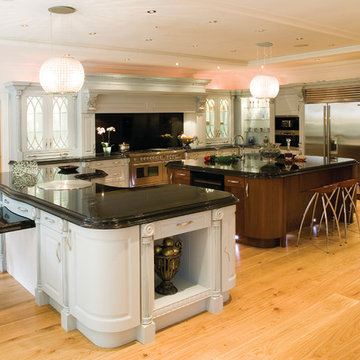 Hand-painted traditional kitchen with two large island units.