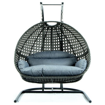 LeisureMod Modern Gray Wicker / Rattan Hanging Double Egg Swing Chair